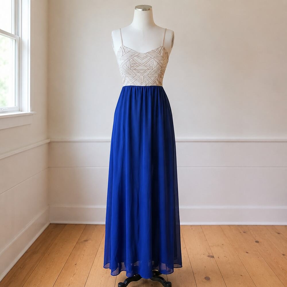 Jealous Tomato Colorblock Maxi Dress S NWT Blue Skirt Beige Open Back Formal